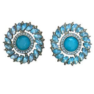 Vintage Style Silver & Blue Rhinestone Clip-On Earrings With Turquoise Marquise